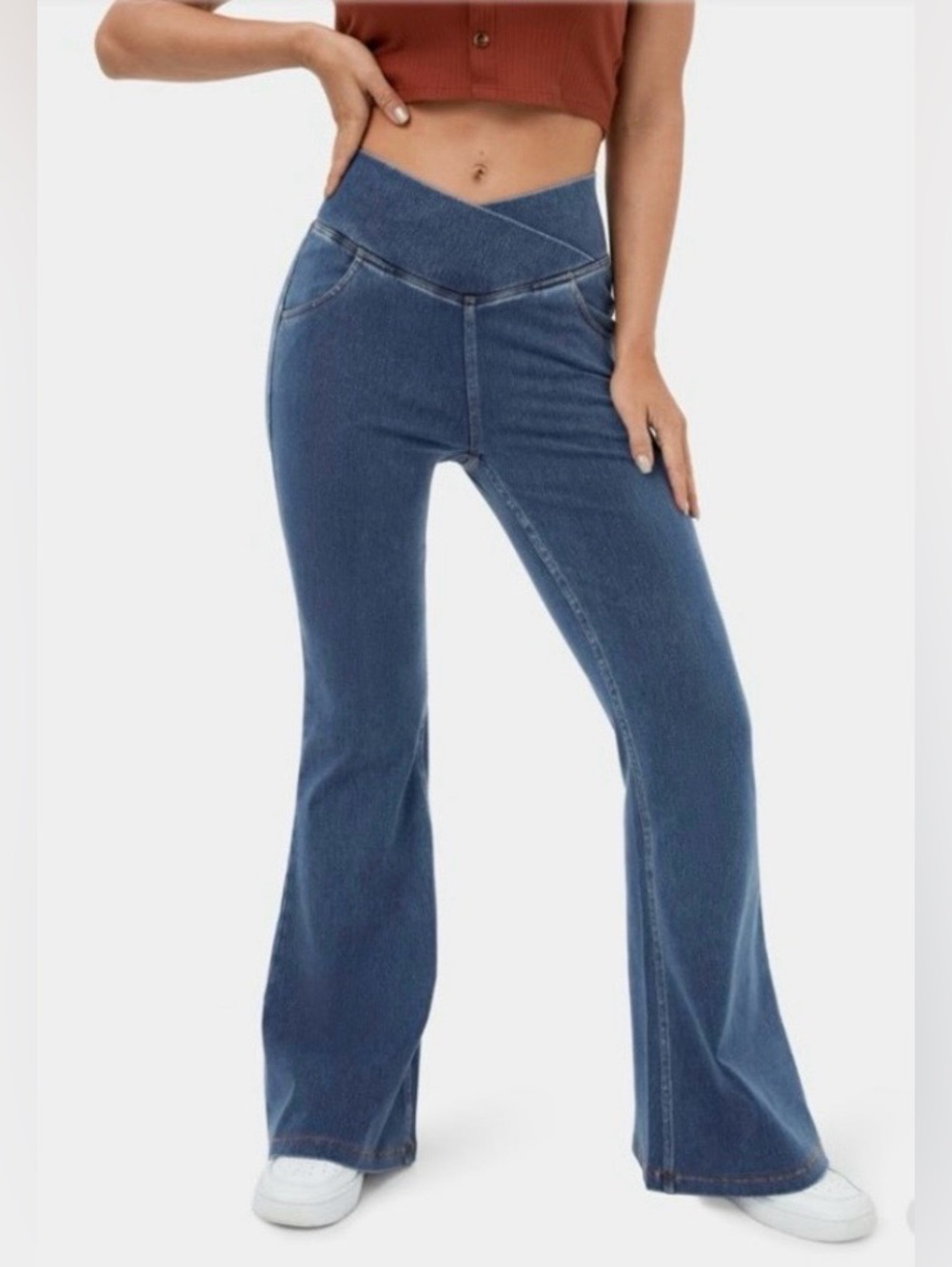 HALARA Crossover High Waisted Flare Denim Leggings Blue Size S Regular Pull On